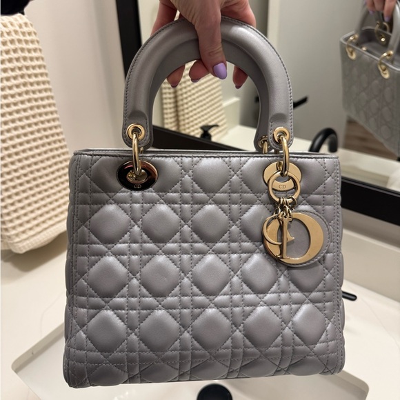Dior Handbags - Dior LADY DIOR Medium Metallic Gray Quilted Bag - Authentic